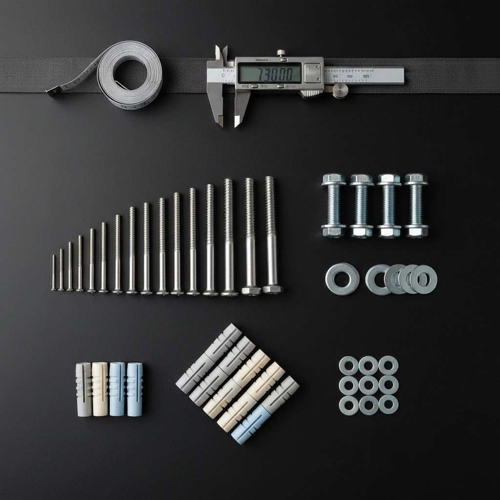 A meticulous tabletop layout in photographic realism, featuring an assortment of small hardware items arranged on a matte black surface: zinc-plated screws sorted by size, silver bolts with matching nuts, neatly aligned washers, and wall plugs in subtle color variations. At the top edge, a stainless-steel caliper and metal measuring tape lie parallel, hinting at precision and technical expertise. Soft, diffused studio lighting from above reduces harsh reflections while still adding delicate highlights to the metal edges, with faint, crisp shadows giving depth. Shot from directly overhead in a clean, symmetrical composition, the scene feels methodical and professional, ideal as a minimalist but detailed visual for a quality-focused wholesale hırdavat supplier.