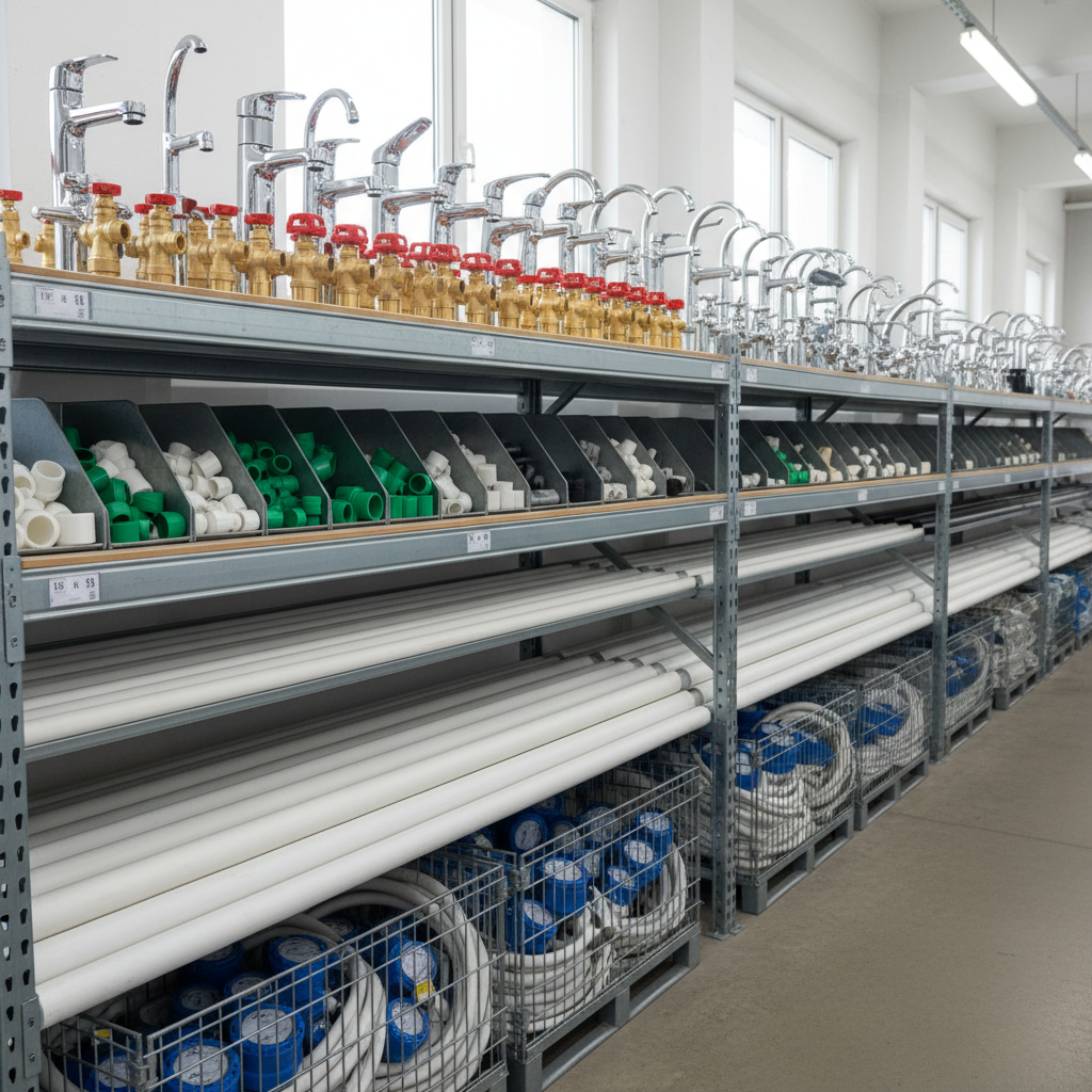 An orderly display of plumbing supplies on a long warehouse pallet rack: shining chrome faucets, brass ball valves, PPR fittings in green and white, and neatly stacked PVC pipes in varying diameters resting on horizontal supports. A metal cage pallet below holds coiled white flexible hoses and blue water meters, all aligned and dust-free. Diffused daylight from large side windows mixes with cool overhead warehouse lighting, creating a bright, neutral atmosphere that highlights clean surfaces and material textures. Photographic realism, captured at eye level with moderate depth of field so the front fittings are tack sharp while the pipes gradually soften into blur. The mood is technical and trustworthy, ideal for a business specializing in wholesale water installation materials.