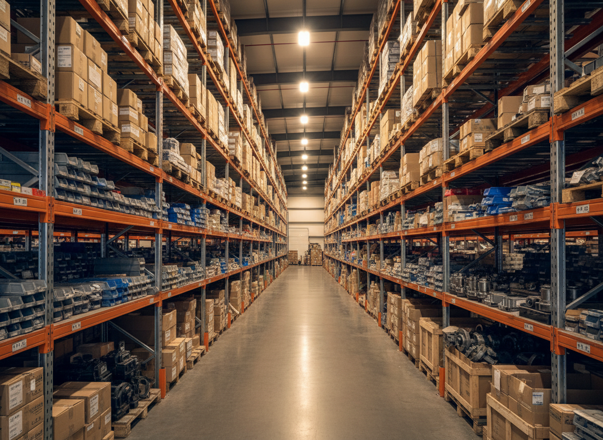 Professional wide photograph of an organized wholesale hardware warehouse in İzmir, rows of industrial shelving stocked with tools, fasteners, pipes and machinery parts